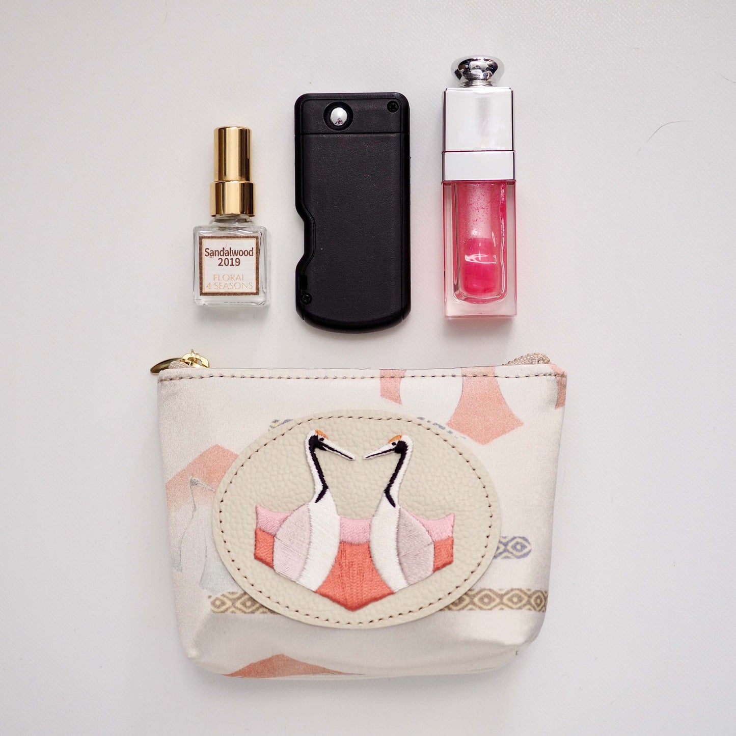 Embroidered and Silk Mini Pouch - Crane