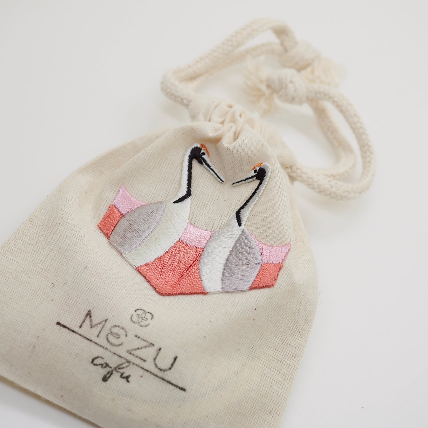 Compact Mirror with Embroidered Drawstring Pouch - Crane
