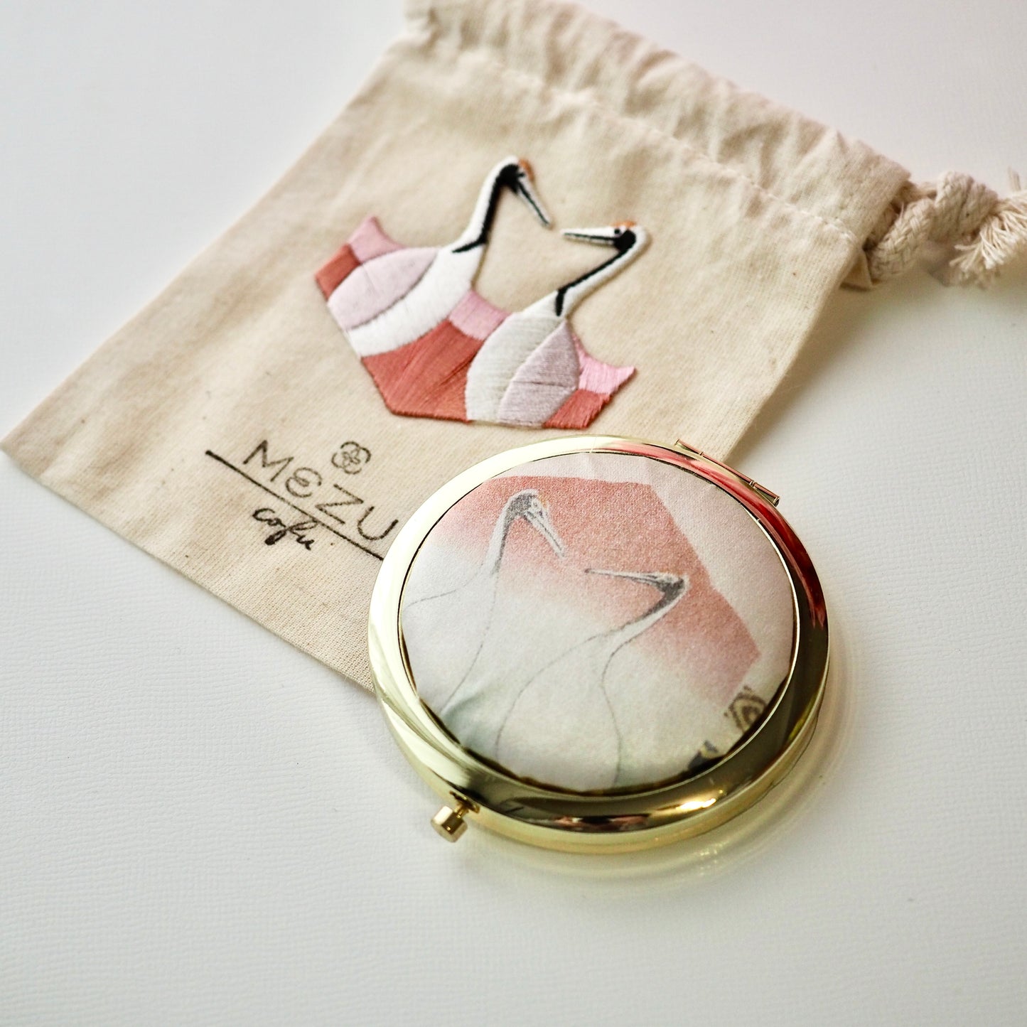 Compact Mirror with Embroidered Drawstring Pouch - Crane