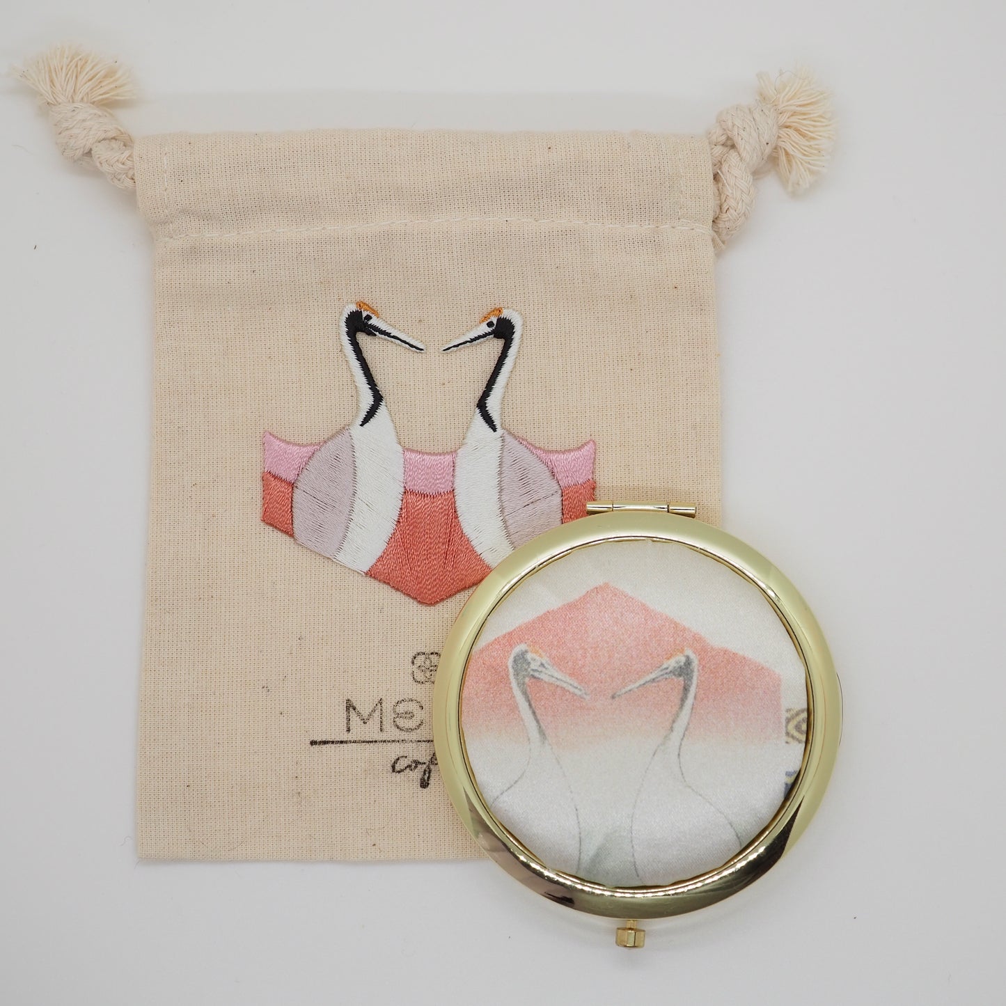 Compact Mirror with Embroidered Drawstring Pouch - Crane