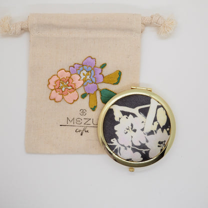 Compact Mirror with Embroidered Drawstring Pouch - Cherry Blossom